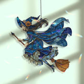 Flying Witch Acrylic Suncatcher, Stained Glass Style Blue Witch on Broom with Flowing Cape Window Hanging, Halloween Gothic Home Décor Gift